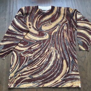 FANTASIA Vintage 90s Women's Grandpa Sweater Wool Blend Earthy Tones Swirls XL